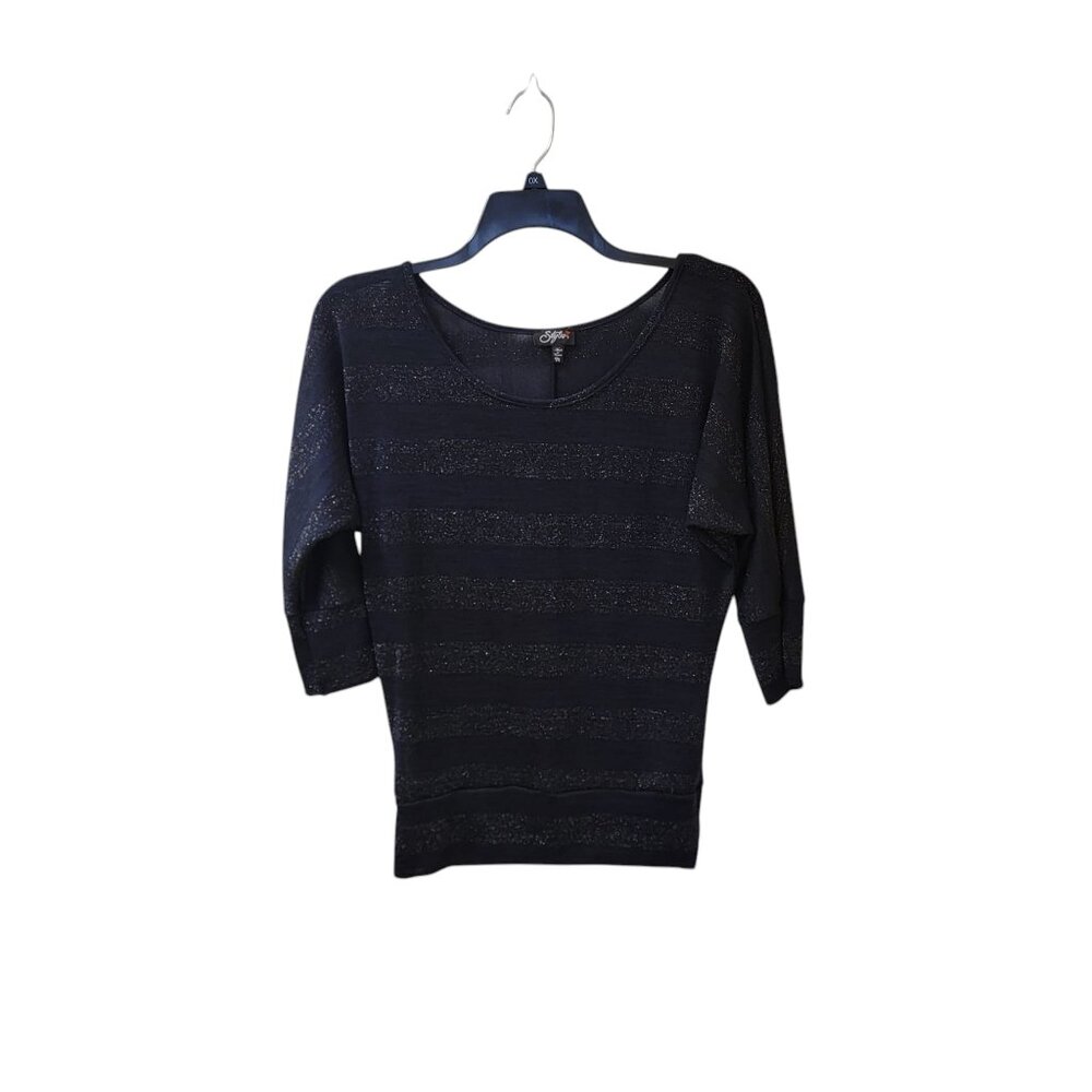 Styles Navy Blue Black Silver Metallic 3/4 Sleeve Sweater Top Medium Women's